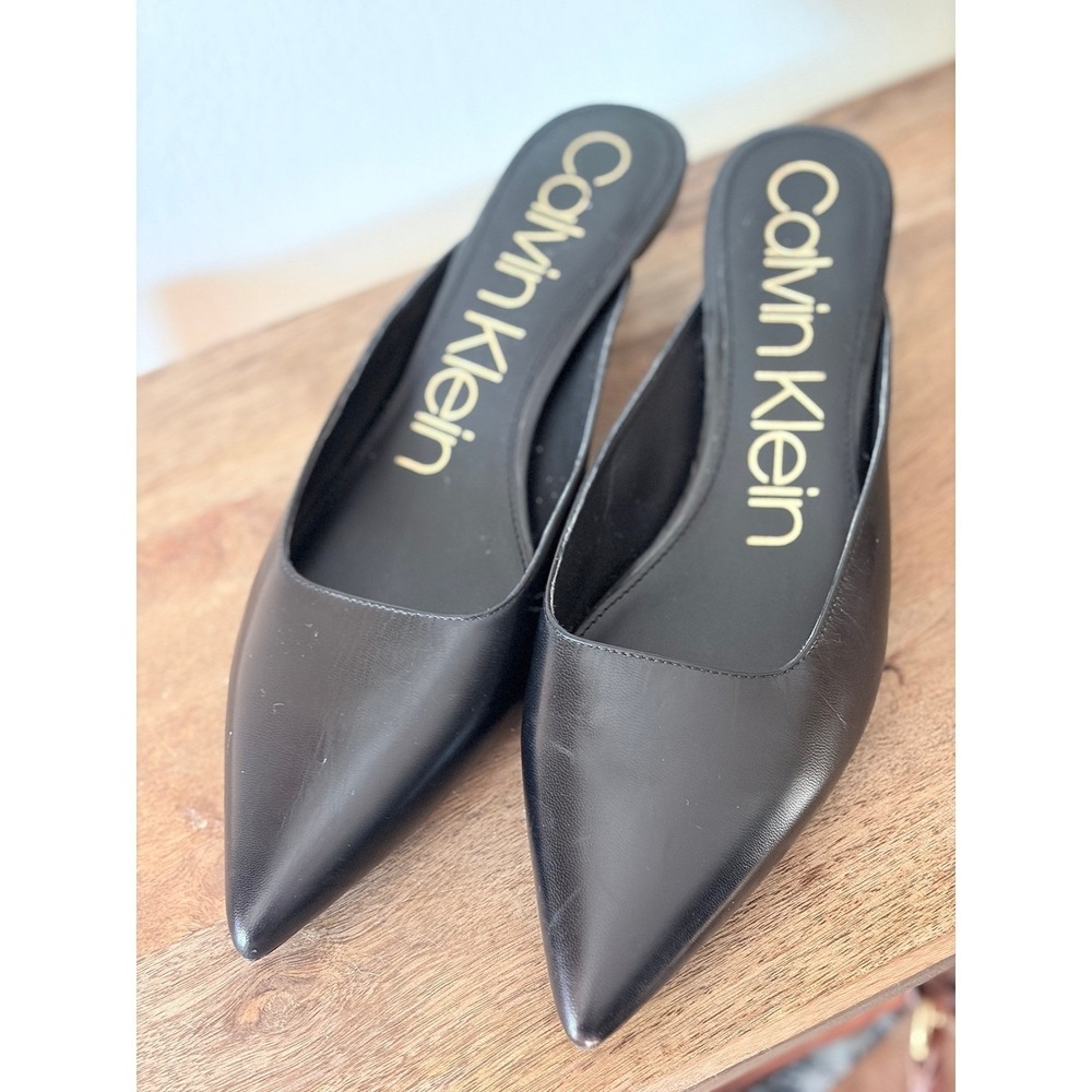 Calvin Klein Lanora Black Leather Kitten Heel Mules Office Siren Size 9